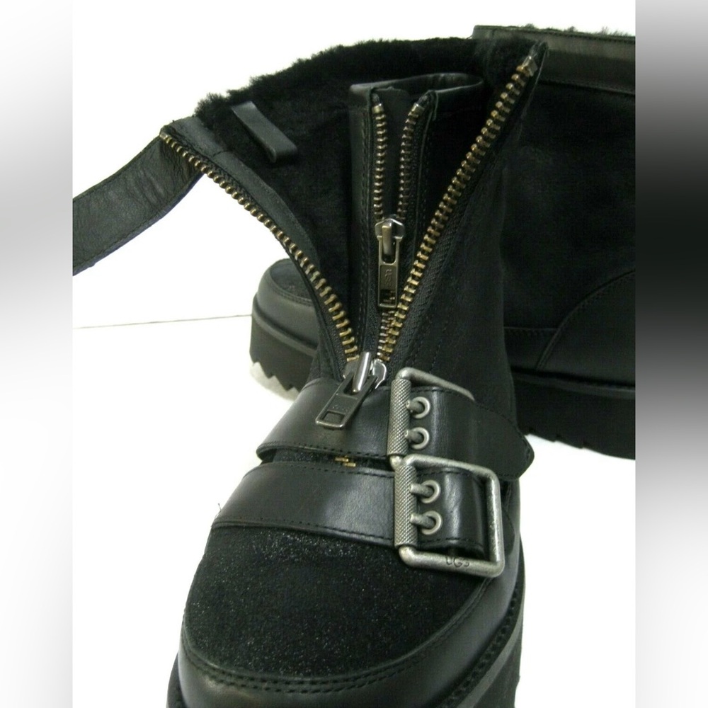 UGG CLASSIC MOTO PUNK MINI BLACK BOMBER SUEDE PLATFORM ANKLE BOOTS WOMEN SIZE 9 - Picture 5 of 9